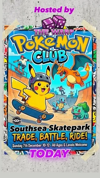 Today 10 -12, we have the first ever Southsea Skatepark Pokémon Club. Hosted by @thewarpuk Trade, Battle, Play. Hot Drinks available.
Rain or shine.
All ages welcome.
#pokemon #pokemonclub #thewarp #cardgames #tabletopgames #trade #battle #pikachu #pokemoncards #southsea #southseaskatepark #southseaseafront #southseavibes #southseaskateparkstore